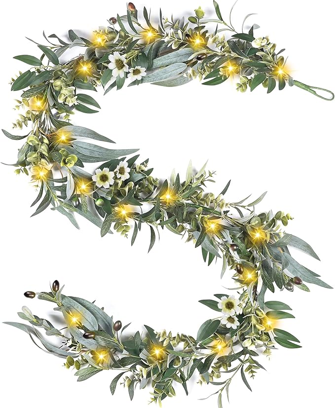 Artgar Olive Garland with Lights - 6 Ft Eucalyptus Garland with Timer 30 Fairy Lights, Artificial Greenery Olive Leaf Vine Garlands for Indoor Outdoor Wedding Arch Backdrop Table Spring/Summer Decor