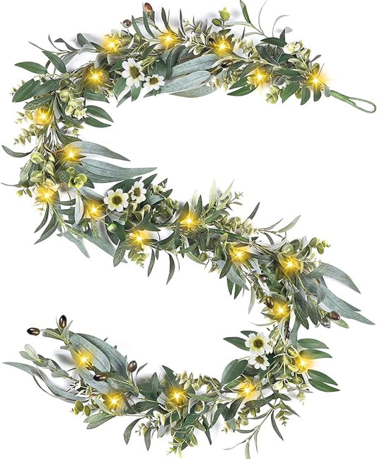 Artgar Olive Garland with Lights - 6 Ft Eucalyptus Garland with Timer 30 Fairy Lights, Artificial Greenery Olive Leaf Vine Garlands for Indoor Outdoor Wedding Arch Backdrop Table Spring/Summer Decor