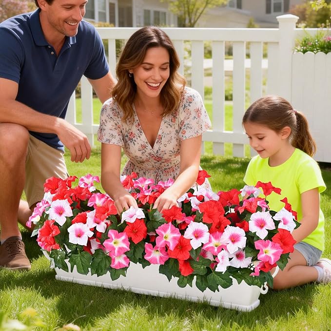MARTINE MALL Artificial Flowers for Outdoors, 4 Bundles Realistic Fake Outdoor Flowers, UV Resistant Silk Petunia Flower for Outside Look Real Faux Flower Plants for Outdoor Porch, Red Pink White