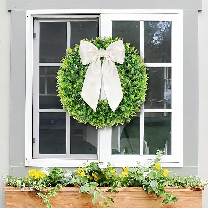 PinkPum 20'' Spring Boxwood Wreaths for Front Door Wreath Front Door Decor Artificial Wreath Summer Outdoor Indoor Green Home Round All Year Round Farmhouse St Patricks Day Decorations