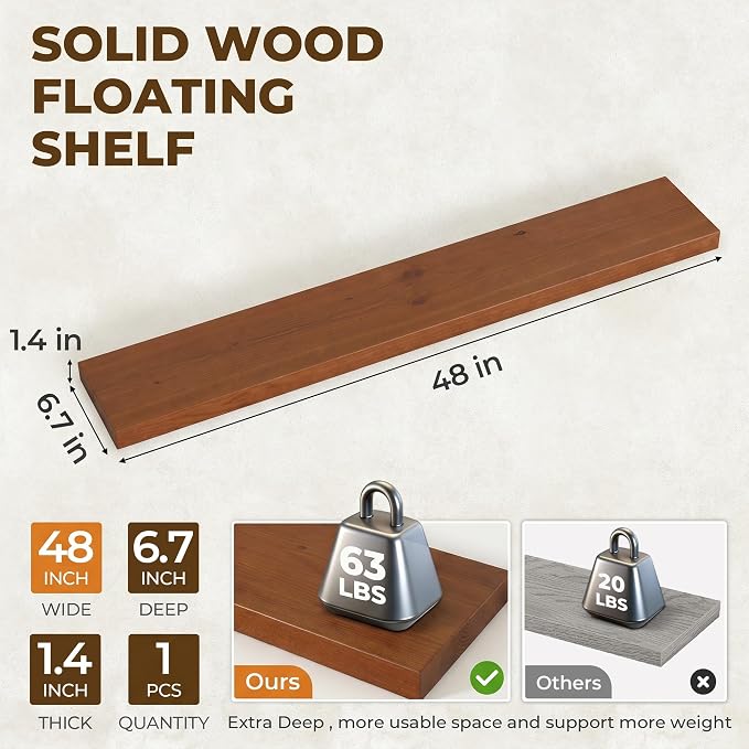 48 inch Floating Shelves for Wall, High End Solid Real Wood Floating Shelf with Heavy Duty Invisible Bracket 48in Long Wooden Wall Shelves for Living Room, Bedroom, Kitchen, Bathroom, Set of 1, Walnut
