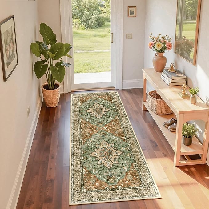 RELEANY Area Rugs 2'x6' Runner Rug Non Slip Washable for Kitchen Hallway Bedroom Beside Laundry Room Bathroom Rug, Floor Carpet, Brick Red Rust Neutral Brown Burnt Orange Green