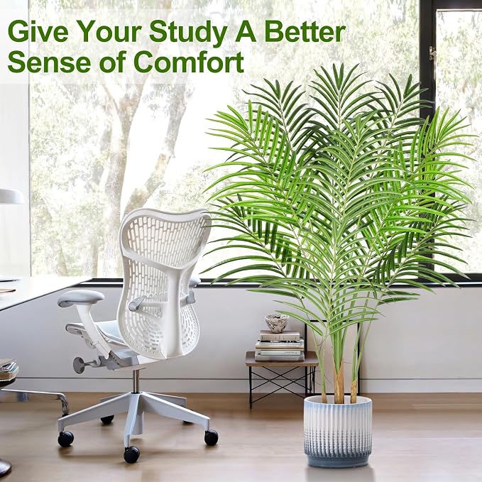 4ft Artificial Palm Tree Indoor Plant Tall Fake Tropical Paradise Palm Tree in Pot with Real Bark Design Faux Areca Palm Tree for Home Office Living Room Bedroom Farmhouse Modern Decor 1pcs