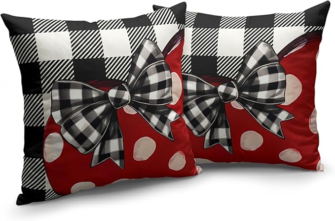 Valentines Day Throw Pillow Covers 22x22 Buffallo Plaid Valentines Pillow Covers Polka Dot Red Love Heart with Bow Decoarative Pillow Case for Living Room Couch Sofa