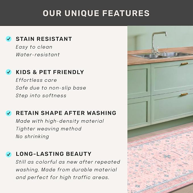 Pink Rugs for Bedroom Girls, 5x7 Washable Area Rug for Living Room Nursery Kids Baby Playroom Indoor Decor, Oushak Floral Vintage Low Pile Boho Non Slip Foldable Carpet