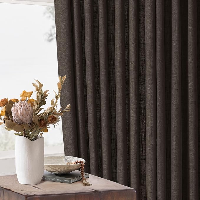 TWODRAPES Dark Chocolate Pinch Pleated Linen Curtains 2 Panels for Living Room Bedroom Memory Training Shaped Semi Sheer Pleat Drapes with Hooks Rings Light Filtering Window Curtain 40x45