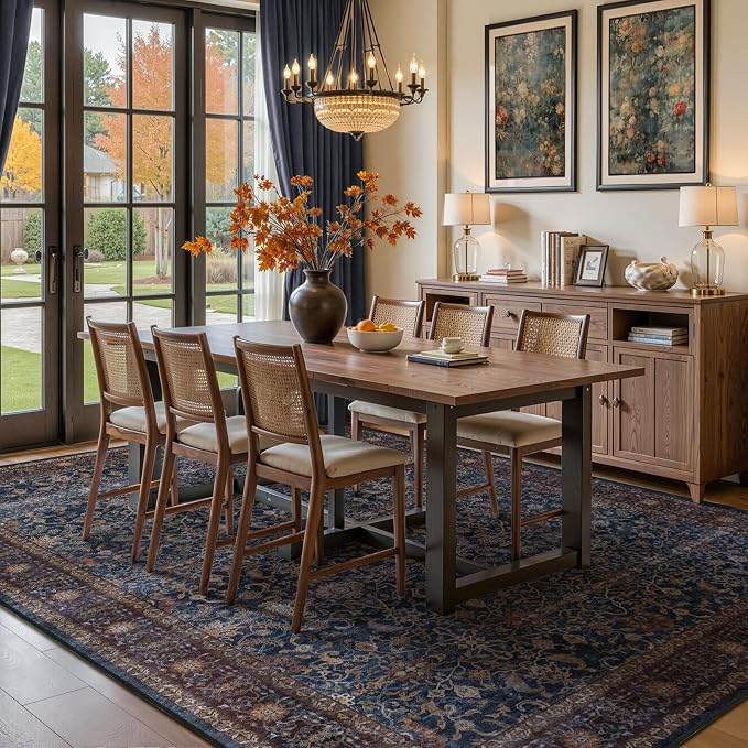 Dark Blue Living Room Rug 8x10, Washable Non Slip Low Pile Thin Carpet for Dining Room, Vintage Print Area Rugs for Bedroom Home Office Old Money Aesthetic