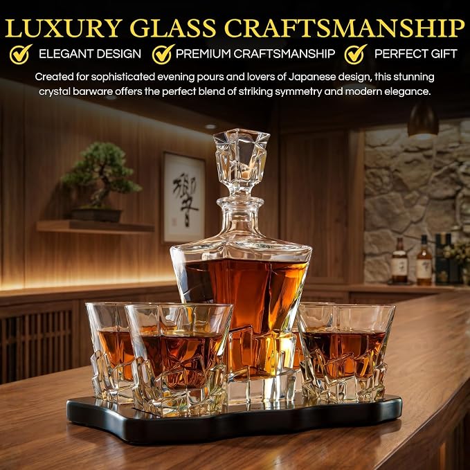 Ridge Japanese Crystal Whisky Decanter Set with 4 Tumbler Glasses, Lead-Free Liquor Carafe & 10oz Rocks Glasses - Scotch Bourbon, Spirits & Wood Base Elegant Barware Gift for Men, Japan Design Gifts