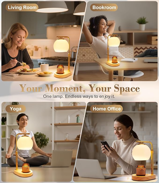 White Glass Candle Warmer Lamp Adjustable Height with Timer 2 4 8H | Warm Gold Hardware | Natural Wood Base | Dimmer Wax Melt Warmer Includes Candle and Bulbs