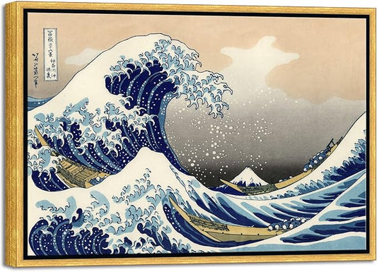 Wieco Art Framed Art Great Wave of Kanagawa Katsushika Hokusai Giclee Canvas Prints Wall Art Abstract Seascape Paintings for Home Living Room Decorations Bronze Gold Frame