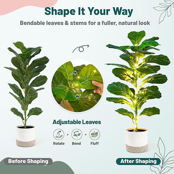 Der Rose 2 Pack 30" Artificial Fiddle Leaf Fig Tree with Warm LED Lights – Battery Powered, Mid-Size Fake Plants for Living Room, Bedroom, Entryway & Home Decor