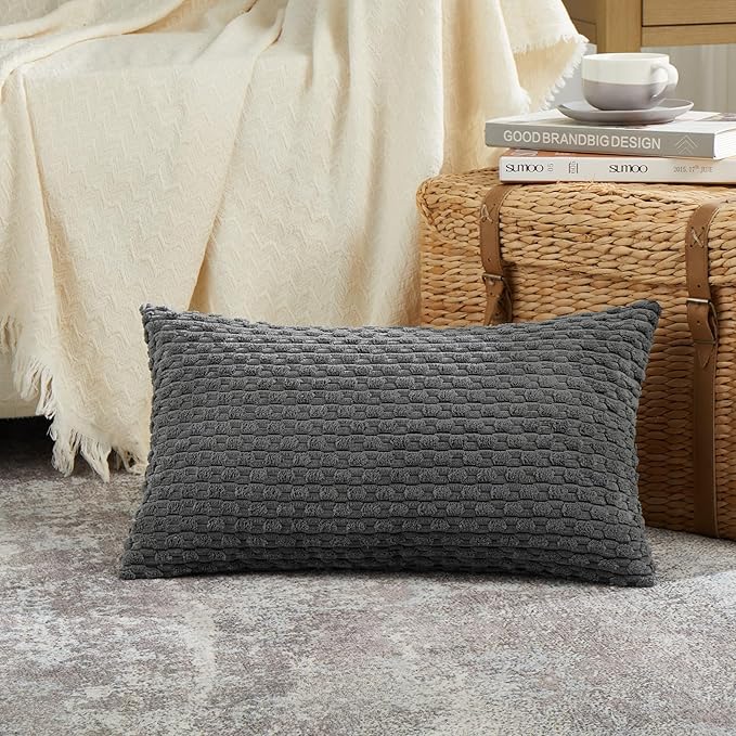 Fancy Homi 2 Packs Dark Gray Long Lumbar Decorative Throw Pillow Covers 14x24 Inch for Couch Bed Sofa, Modern Farmhouse Boho Home Decor, Soft Cute Plush Corduroy Rectangle Cushion Case 35x60 CM