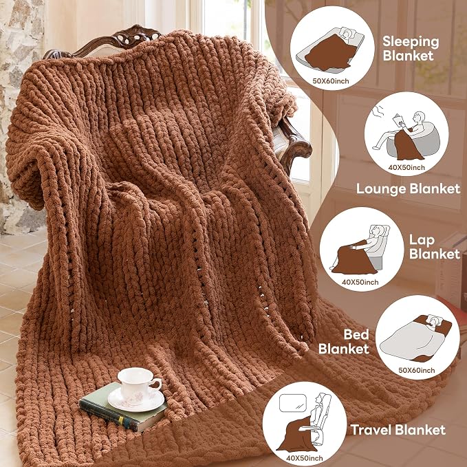 Chunky Knit Blanket - Luxury Soft Cozy 60 * 80 Throw Blanket,100% Woven Blanket Rope Knot Throw Blanket for Couch, Sofa, Home Decor, Gift - Machine Washable (Reddish-Brown, 60 * 80)