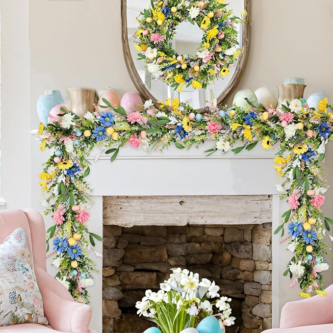 6ft Easter Garland - Spring Garland with Egg and Mixed Berry,Hanging Rustic Pastel Wreaths DIY Artificial Decorations Garland for Home Table Indoor Outdoor Easter Mantel Decorations