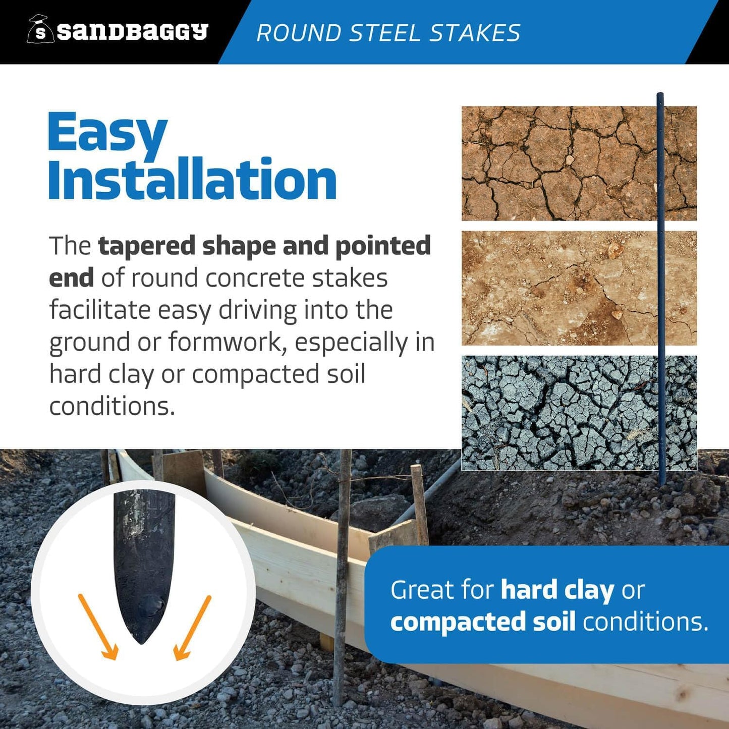 Sandbaggy Round Steel Concrete Form Stakes with Nail Holes - Rust Resistant Coating - Removable, Reusable (1, 3/4 in X 60 in)