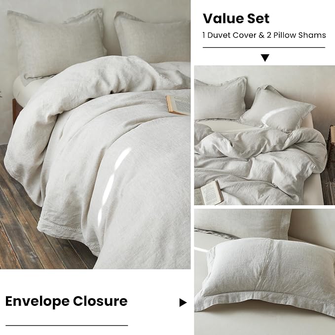Simple&Opulence 100% Linen Duvet Cover Set with Crossed Embroidery Washed - 3 Pieces (1 Duvet Cover with 2 Pillow Shams) Soft Breathable Farmhouse - Linen, Queen Size