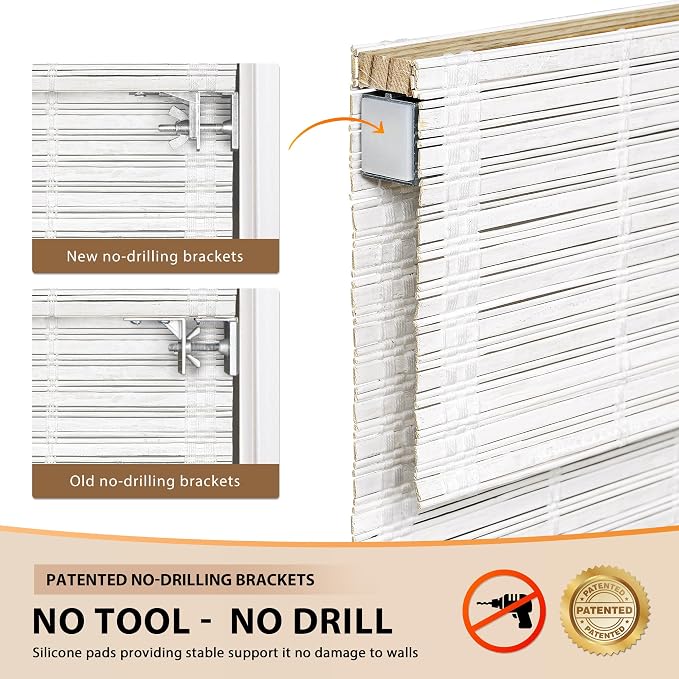 LazBlinds No Tools No Drill Cordless Bamboo Roman Shades, Light Filtering Window Treatment, Roll Up Bamboo Blinds for Windows 40'' W x 64'' H, Whitewash T