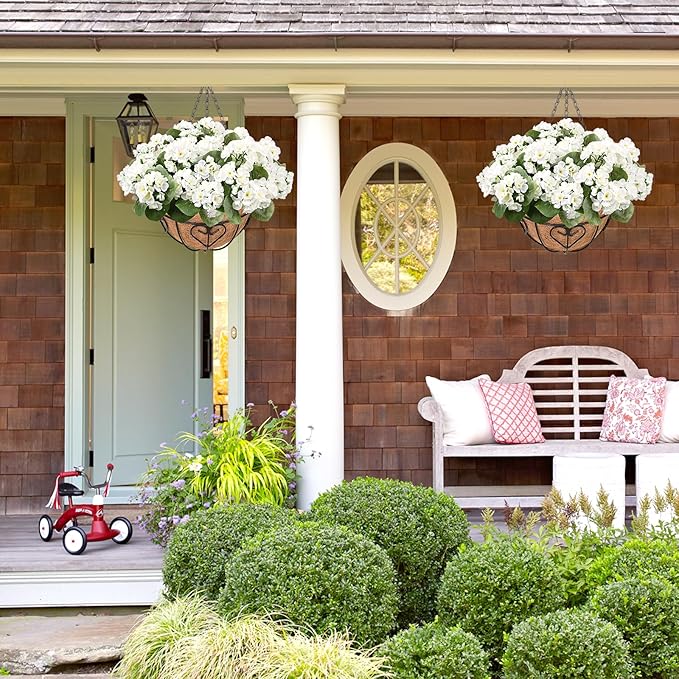 Waipfaru 2 Set Artificial Geraniums for Outdoors with Hanging Baskets, 12 Bundles UV Resistant Artificial Outdoor Plants, Fake White Flowers for Spring Front Porch Home Patio Balcony Yard Decor