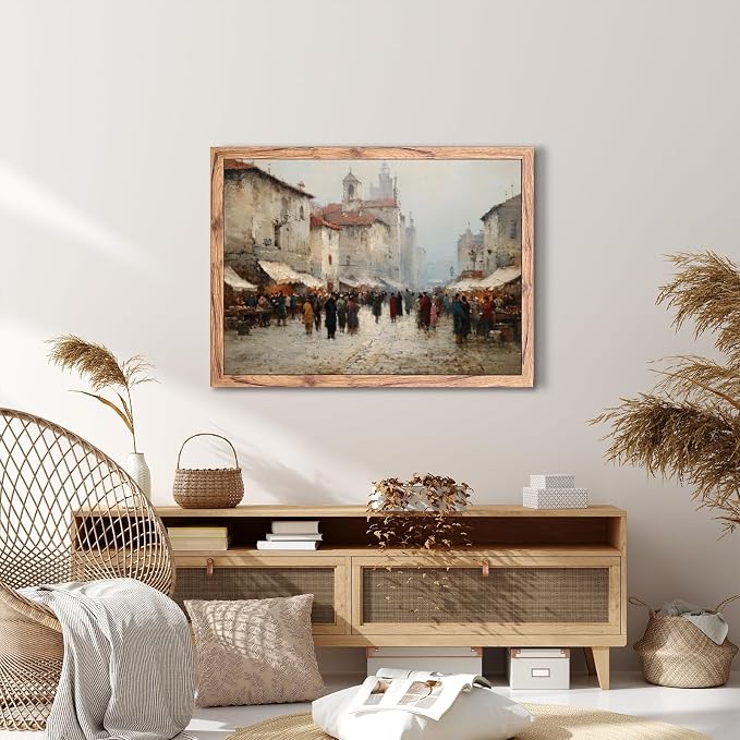 KBBYT Large Framed Wall Art Old Town Square Marketplace Scene Poster Canvas Print Vintage Painting Antiques Pictures Wall Decor for Living Room Apartment Office Home Decoration 24x36inch Wood Framed
