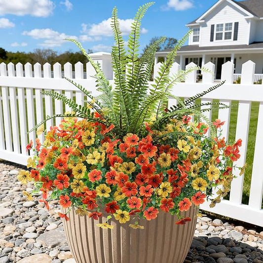 INQCMY Artificial Flowers for Outdoor 12 Pcs Faux Silk Daisy and 1 Pcs Fake Long Leaved Grass UV Resistant Tall Ferns for Home Doorway Courtyard Garden Backyard Decorative (Orange Yellow)