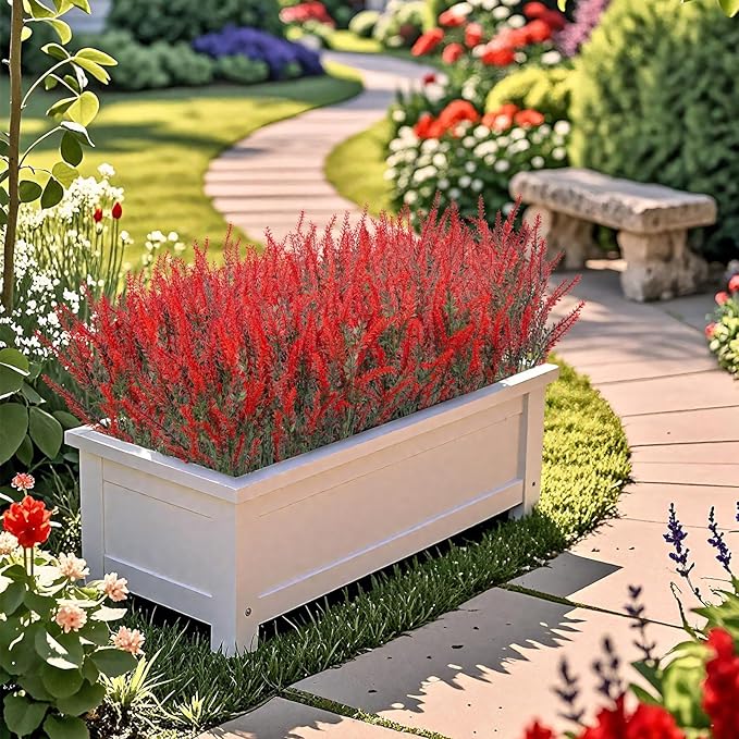 Ouddy Decor 24 Bundles Artificial Lavender Fake Flowers Faux Plastic Plants for Home Wedding Kitchen Garden Patio Window Box Office Table Centerpieces Indoor Outdoor Decor, Red