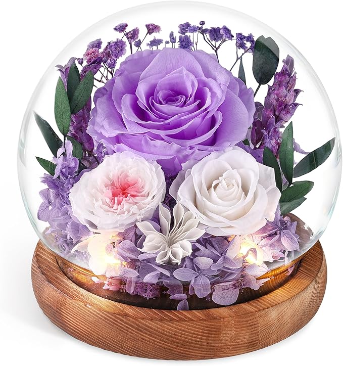 FIACO Gifts for Mom Birthday Gifts Women Preserved Flowers in Glass Dome Forever Flowers for Delivery Prime Purple Eternal Roses Mothers Day Birthday for Grandma Sister Daughter Wife Her Girlfriend
