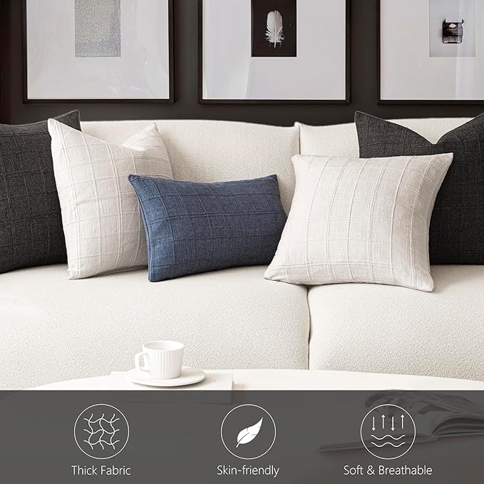 Foindtower Set of 2 Decorative Linen Check Throw Pillow Covers Neutral Farmhouse Vintage Cushion Covers Modern Boho Home Decor for Sofa Chair Couch Bedroom Living Room,22×22 Inch,Charcoal