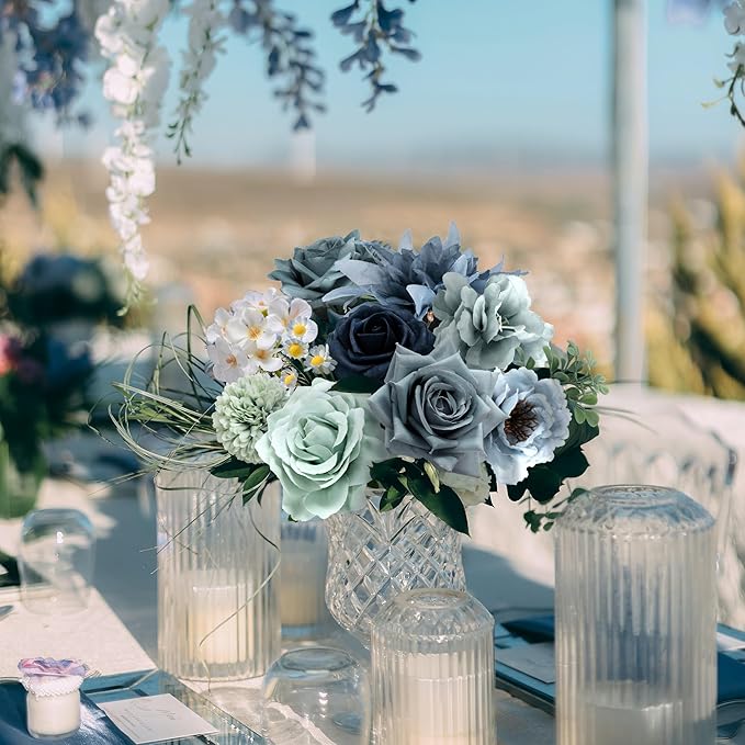 Artificial Flowers Combo Box, 28PCS Fake Flowers, Silk Flower Mix with Wire Stem, DIY Wedding Bridal Bouquet for Arrangement, Shower Party Home Décor, Dusty Blue & Sage Mix