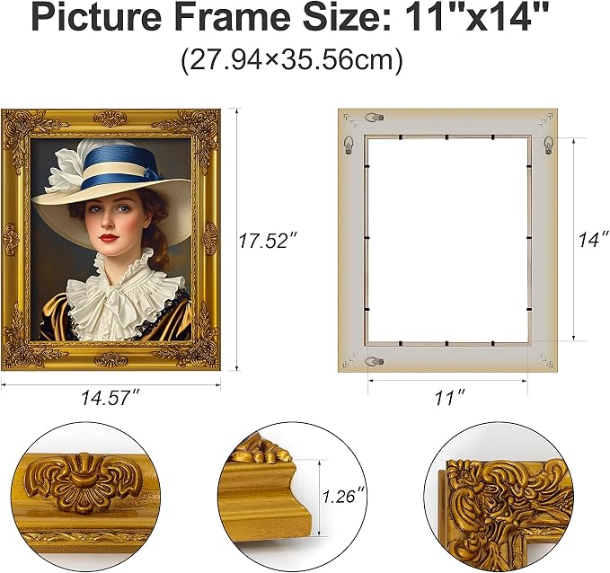ArtXO Classic Gold 11x 14 Poster Frames: Wooden Antique Frames for 11x14 in Photo Display, Vintage Picture Frames, Ornate Retro Photo Frames without Acrylic Glass and Backing