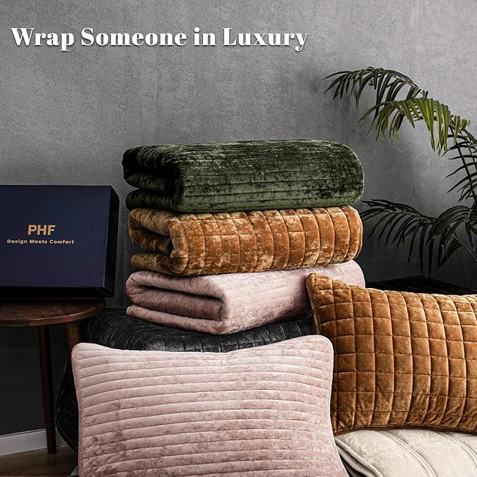 PHF Luxury Velvet Quilt Set King Size – 3PCS Ultra Soft Quilted Comforter Alternative with Striped Channel, Cozy Quilted Bedspread, 1 Coverlet with 2 Matching Shams, 108" x 92", Rusty Burnt Orange
