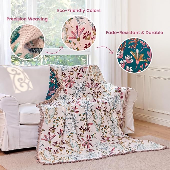 MSGKV Boho Throw Blanket for Bed 60"x80" Floral 100% Cotton Couch Blanket Summer Breathable Lightweight Farmhouse Flower Twin Size Blankets for Sofa Home Decor Muslin All Seasons