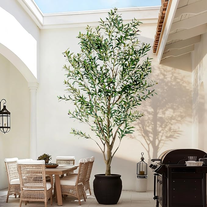 8FT Artificial Olive Tree with Realistic Leaves & Natural Trunk, Faux Silk Olive Plant in White Planter, Tall Fake Tree for Modern Home Office Living Room Entryway Corner Decor, Maintenance Free
