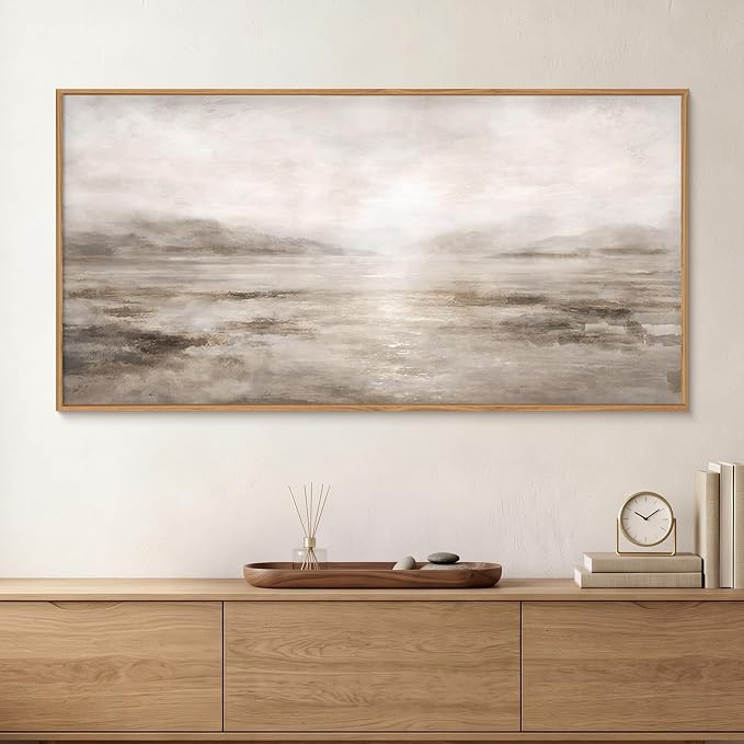 HPNIUB Abstract Neutral Brown Framed Canvas Wall Art Set,Modern Misty Lake Wall Decor, Watercolor Landscape Art Prints, Minimalist Texture Pastel Artwork for Living Room,Bedroom,Office- 20"x40"x1