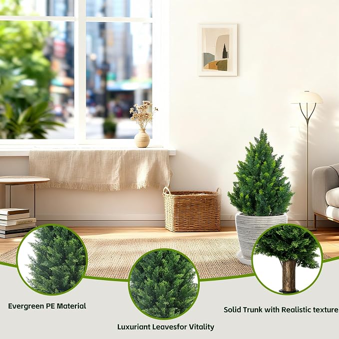 2Ft Artificial Cedar Topiary Trees (1-Pack) - UV Resistant Fake Shrubs with Ground Spike for Outdoor & Indoor Use, Front Porch, Garden Decor