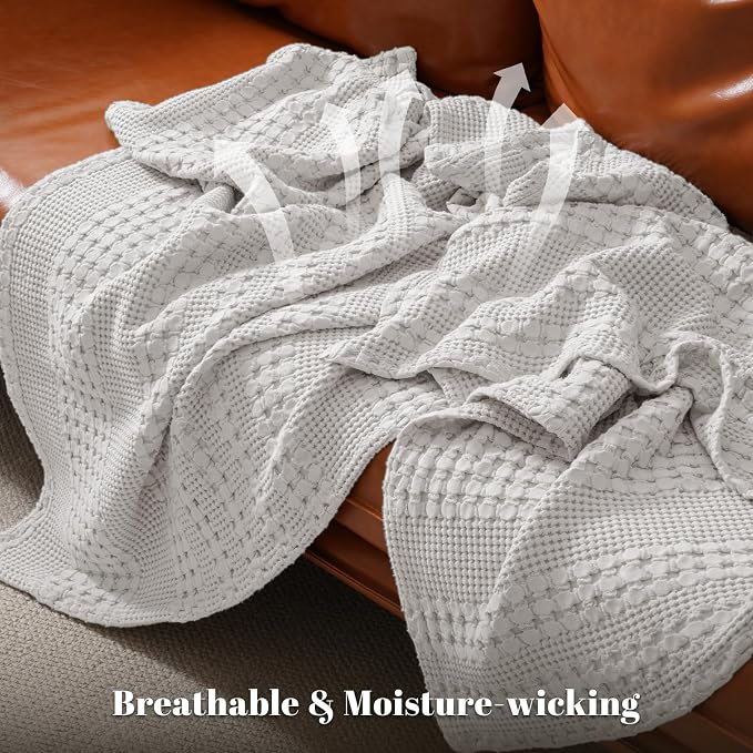 PHF 100% Cotton Waffle Throw Blanket for Couch, Lightweight Breathable and Soft for Summer, Luxury Aesthetic Waffle Weave Blanket for Home Decor & Office, Gifts for Women, 50"x60", Light Grey