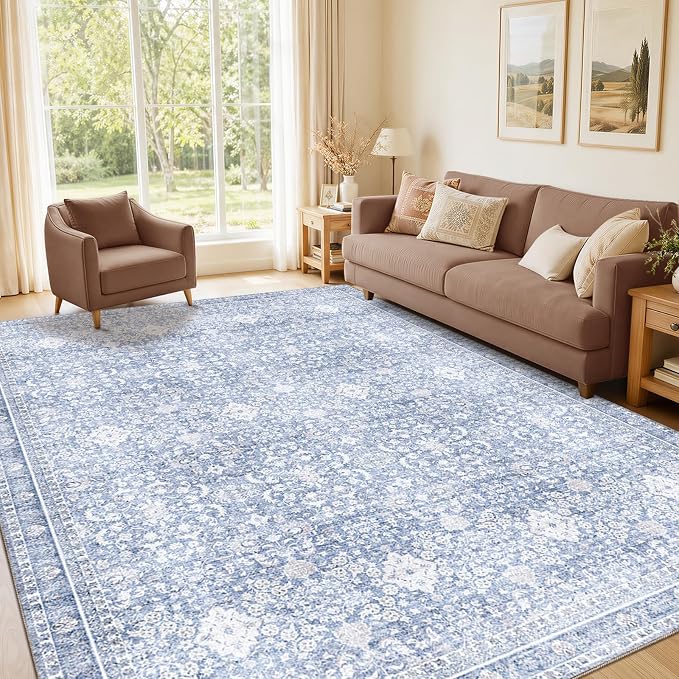 Sasttie 6x9 Area Rugs, Ultra-Soft Washable Rug, Low Pile Foldable Thin Carpets with Non-Slip Backing, Skin-Friendly Stain Resistant Carpet for Living Room, Bedroom, Kitchen, Dorm, 6x9, Light Blue