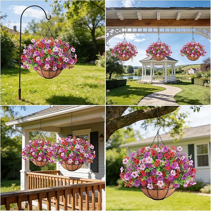 Artificial Fake Hanging Flowers Plants Basket Outdoors, Faux Silk UV Resistant Look Real Daisy Eucalyptus for Spring Summer Garden Porch Home Patio Balcony Yard Decorations, Red Purple Pink