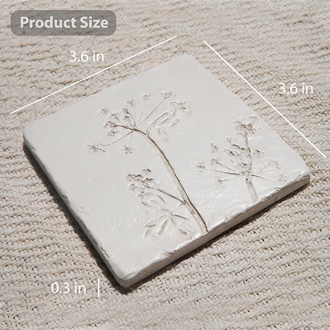 Ceramic Coasters Set of 4 – White Vintage Engraved Flower Design, Non-Slip Cork Base Coasters for Coffee Table, Bar & Home Decor