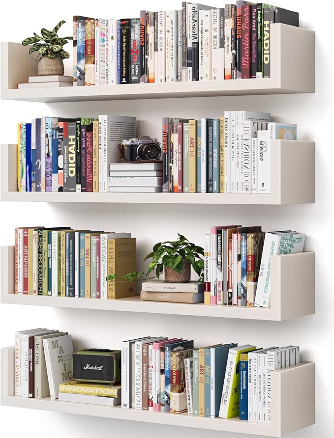 Wall Bookshelf, Set of 4, U Shaped Floating Bookshelf, Hanging Bookshelves for Wall, Wall Mounted Shelves for Living Room Bedroom Office (White, 17 Inches, 4)
