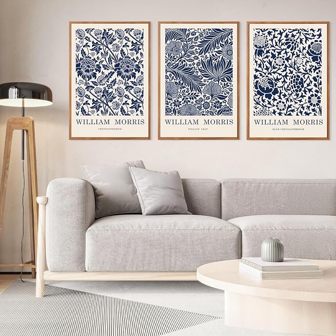 LHIUEM WILLIAM MORRIS Blue and White Picture Wall Decor,Vintage Wall Art Flowers Theme,Neutral Navy Blue White Tones Framed Prints,Scandinavian Cream Canvas Decor,Boho Botanical Art for Home-24”X36”X3