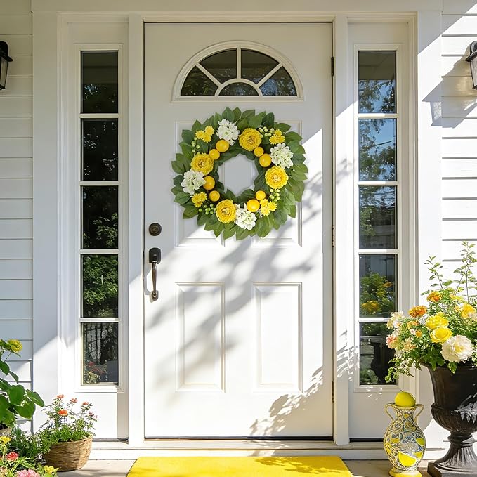 Summer Lemon Wreaths for Front Door, 22 Inch Yellow Summer Wreath Decorations with Peony, Hydrangea, Berries for Farmhouse Porch Wall Window Home Kitchen Decor
