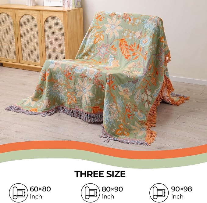 Boho Fall Throw Blanket for Bed,100% Ultra Cotton Soft Breathable Bed Throw Floral Decorative Cottage Farmhouse Decor Rustic Jacquard Bed Throws for Couch Sofa Quilt 60" x 80"-Orange& Sage Green