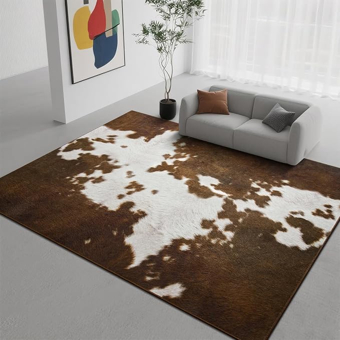 DweIke Cow Print Rugs for Living Room, 8x10 Large Soft Faux Animal Cowhide Area Rug, Washable Non-Slip Stain Resistant Throw Carpet for Dining Room Office Western Home Decor, Light Brown