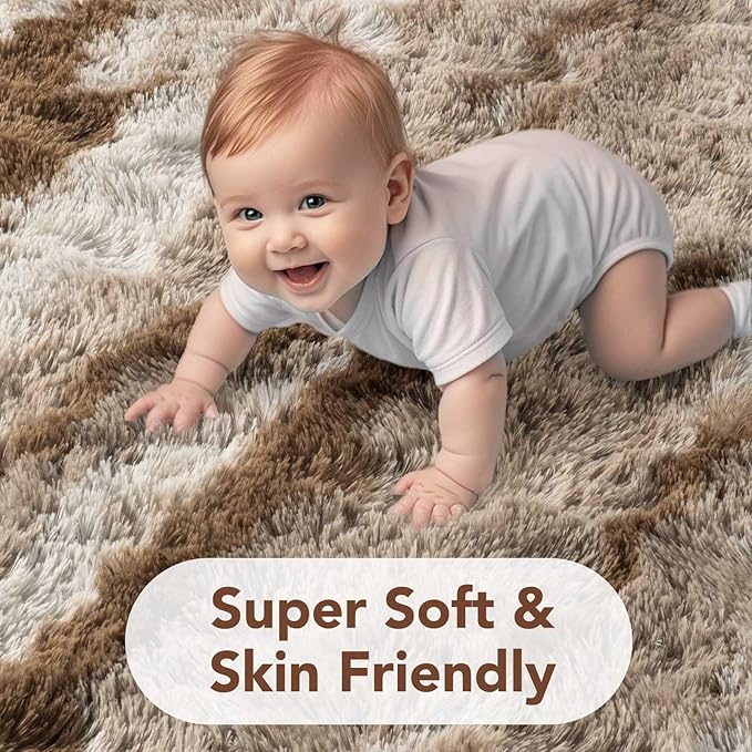 FinRèc 9x12 Rugs for Living Room Bedroom, Tie dye Light Brown Fluffy Shaggy Area Rug, Non-Slip Soft Shag Rug for Nursery Kids Room Dorm Room Home Decor, Indoor Plush Floor Carpet
