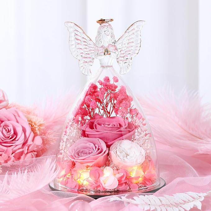 Mothers Day Rose Gifts for Women Preserved Real Flower in Glass Angel Figurines Roses for Delivery Prime Birthday Gifts for Mom Grandma Girlfriend Wife Her,Pink Austin Roses