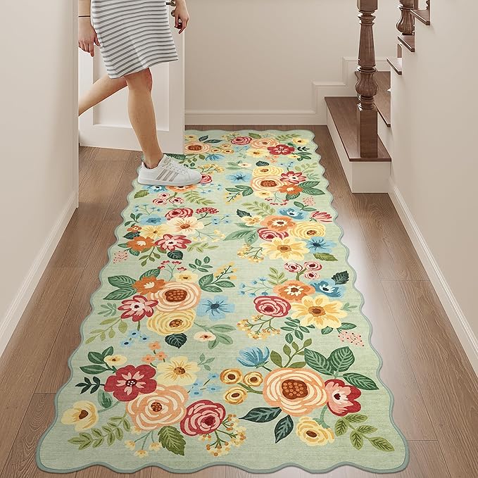 DUKINO 2x5 Washable Runner Rugs, Non Slip Floral Print Entryway Rug with Soft Low Pile, Lightweight Mat for Living Room, Bathroom, Bedroom, Kitchen, Green