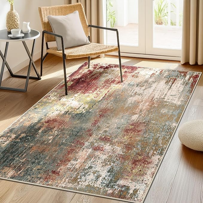 RELEANY Washable Area Rugs 3'x5' Non-Slip Modern Abstract Soft for Living Room Entryway Bedroom Nursery, Print Pattern, Brown Rust Red Green Blue Multi
