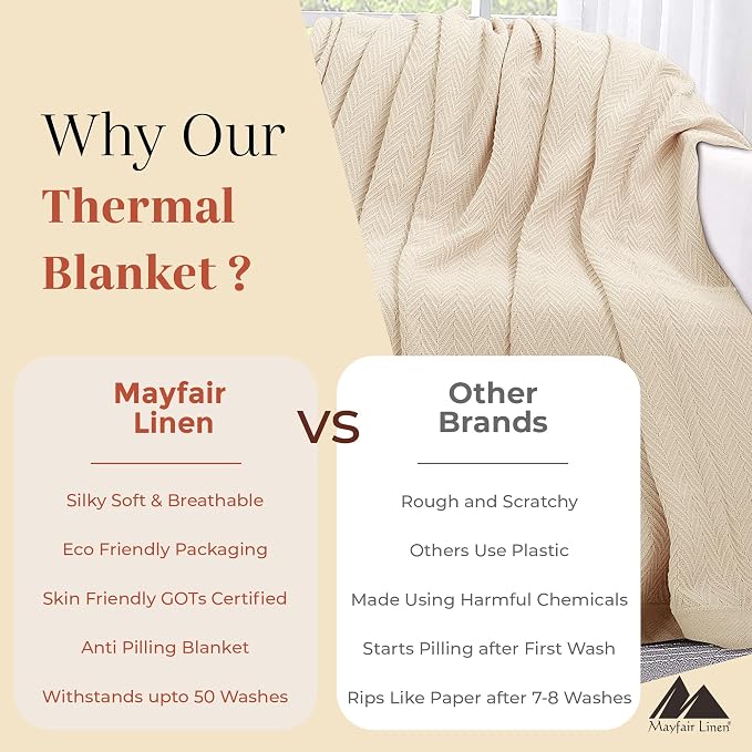 Mayfair Linen Cotton Throw Blankets for Bed Queen Size - Herringbone Pattern Soft Cotton Blanket (1 PC, Beige), Breathable, Soft & Cozy Thermal All Season Throw for Bed Couch Chair Outdoors