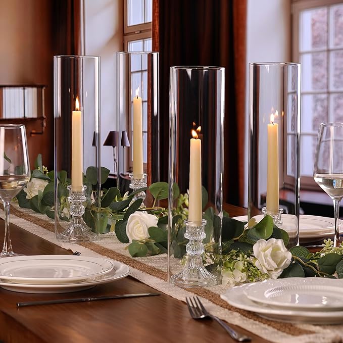 6 Set Hurricane Glass Candle Holders for Taper Candles, Vertical Striped Candlestick Holders with Windproof Glass Tubes 13.4" H for Wedding, Dinner Table Centerpieces, Festival and Party Decor