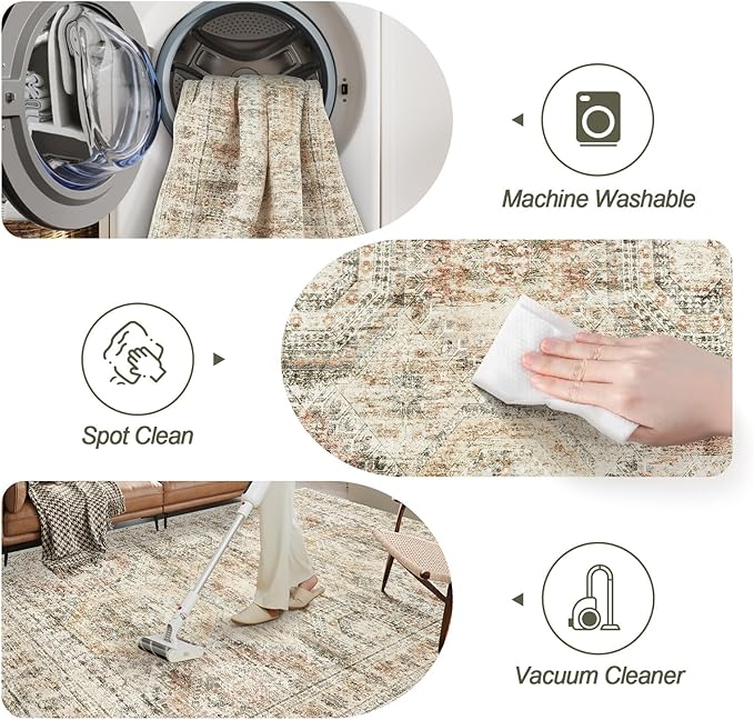 Soalmost 9x12 Area Rugs for Living Room, Non Slip Machine Washable Vintage Rugs, Low Pile Lightweight Large Rug for Bedroom, Dining Room, Home Office Brown Pink